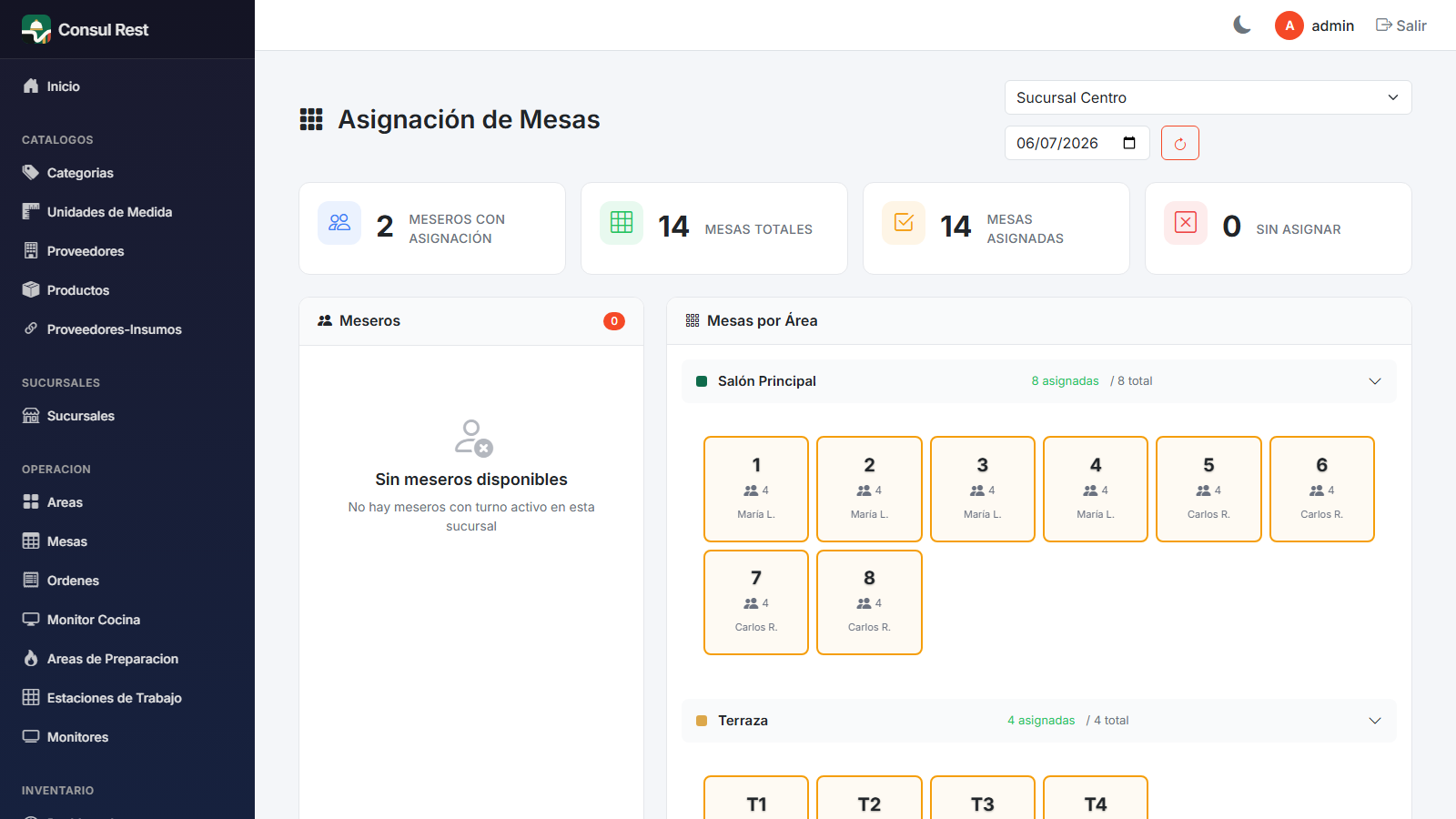 Tablero de asignación de mesas a meseros