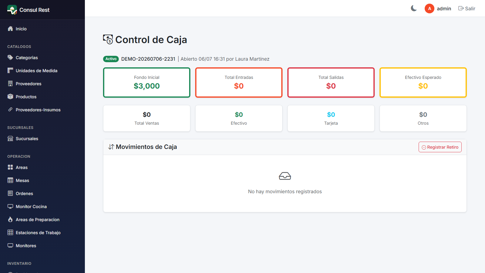 Control de caja con KPIs y movimientos