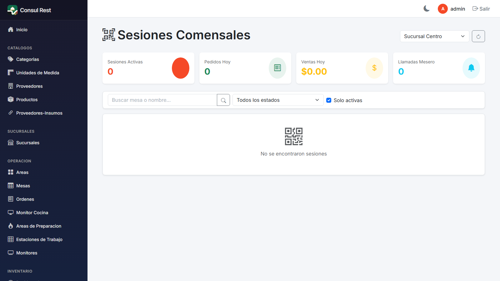 Panel de administración de sesiones de comensales