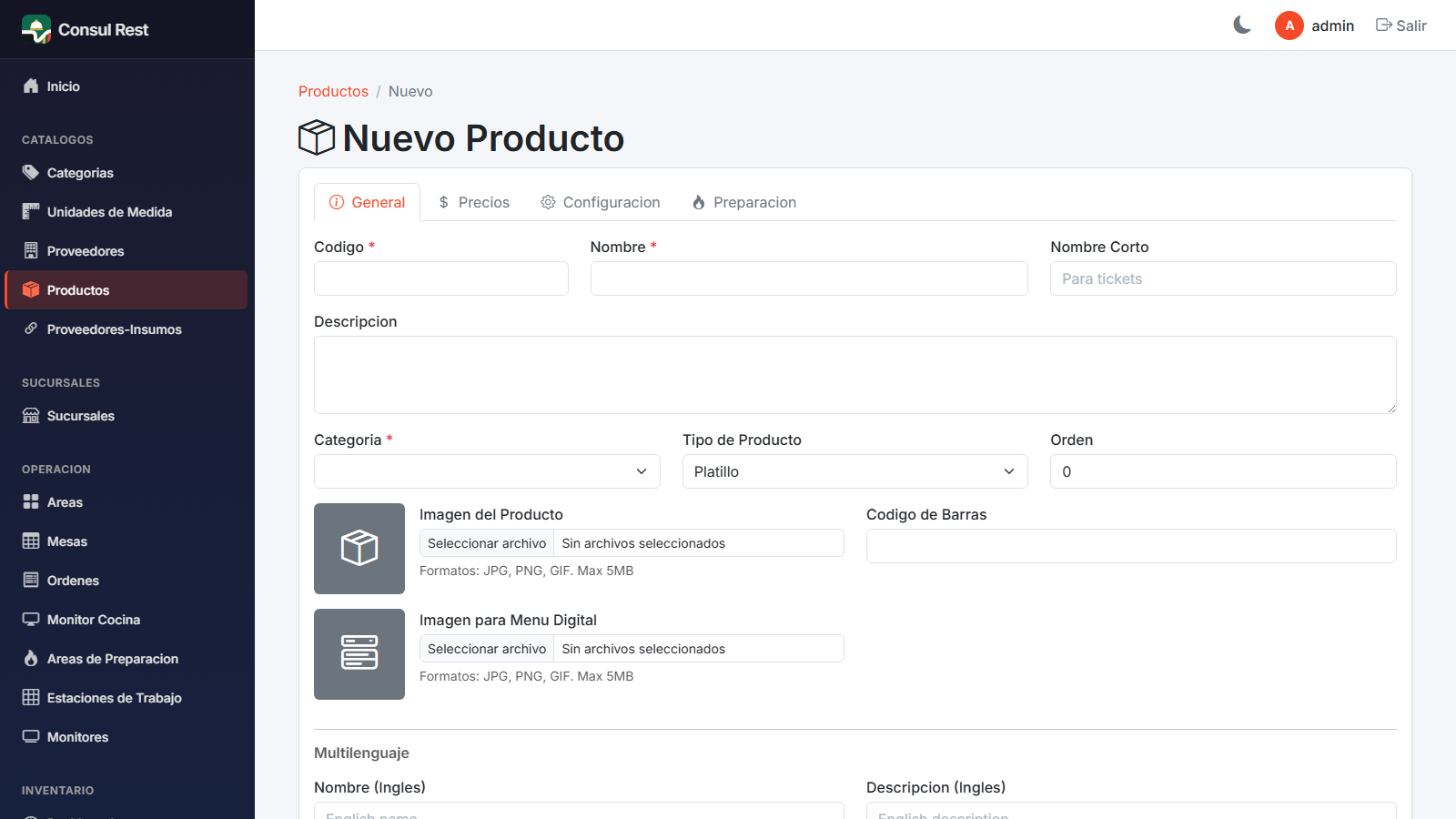 Formulario de nuevo producto con pestañas
