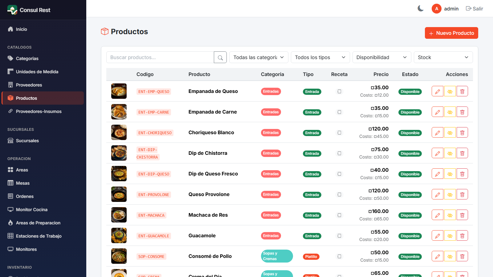 Listado de productos con filtros y tabla