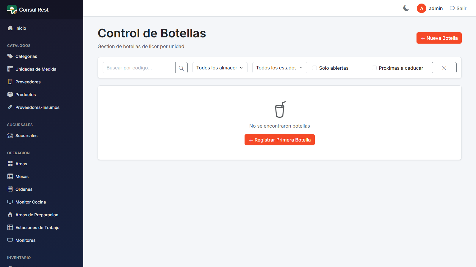 Control de botellas con contenido restante, estados y caducidad