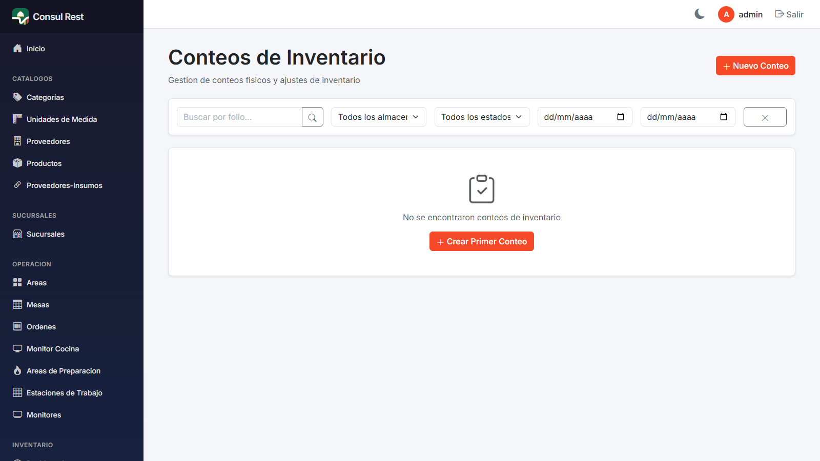 Lista de conteos de inventario con diferencias y estados