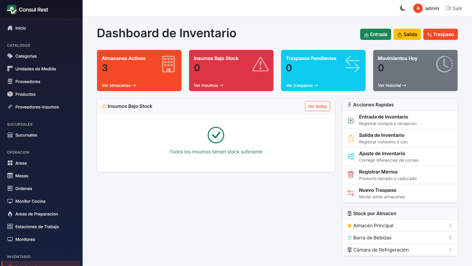Dashboard de inventario con indicadores, insumos bajo stock y accesos rápidos