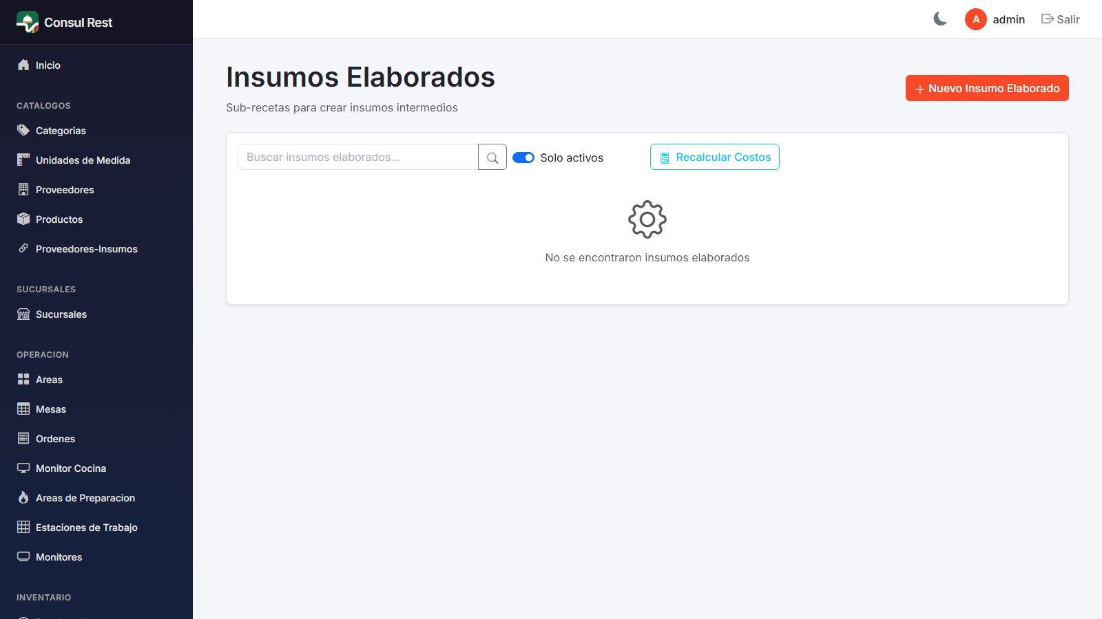 Lista de insumos elaborados con rendimiento y costos calculados