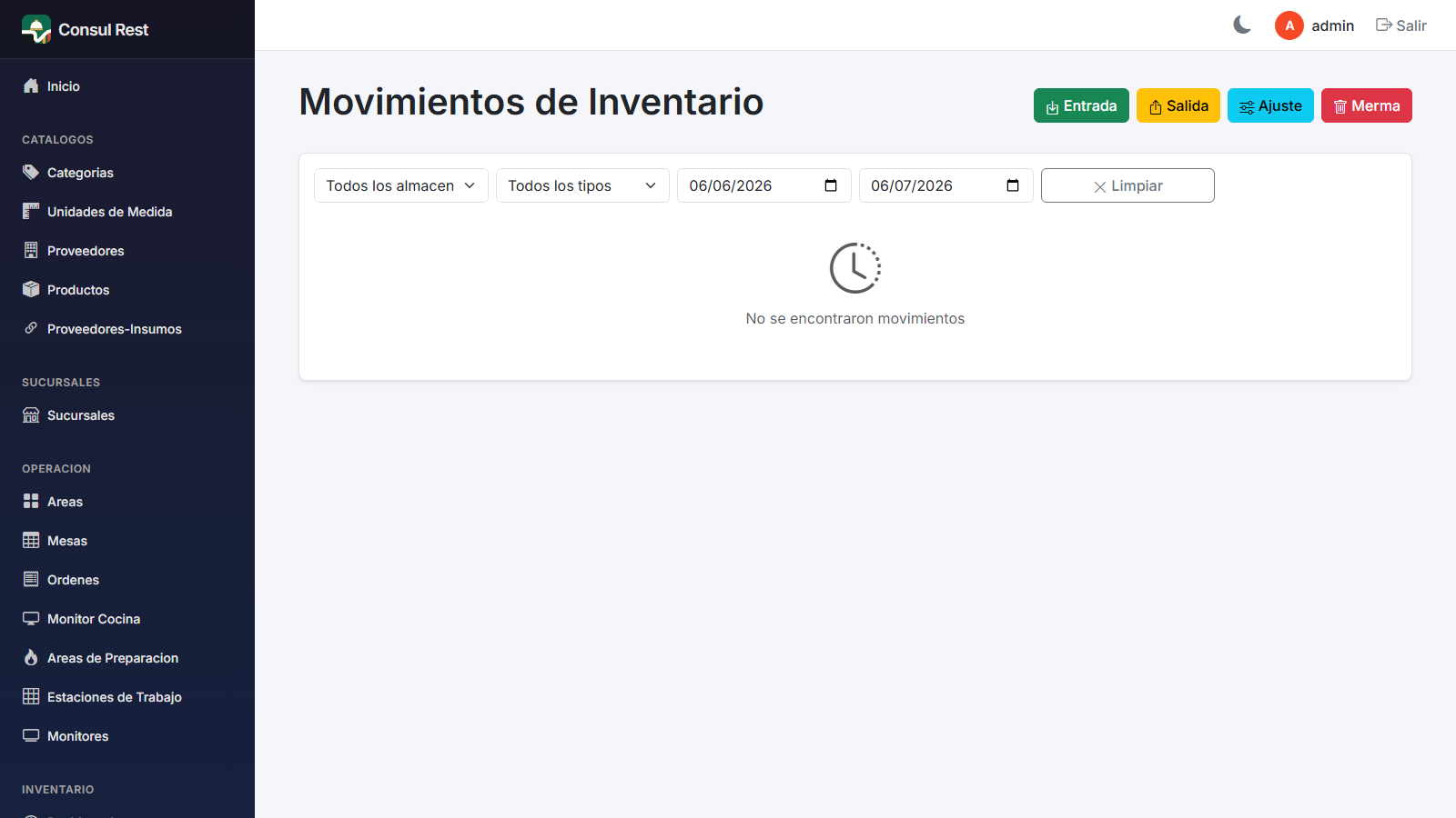 Historial de movimientos con filtros por almacén, tipo y fechas