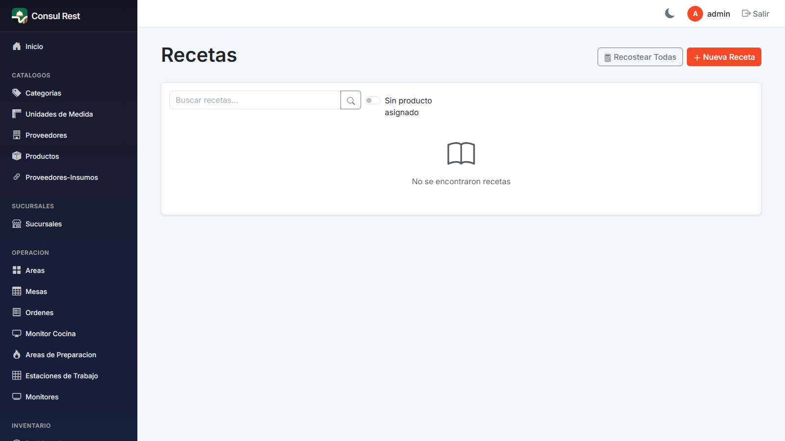 Lista de recetas con producto asociado, costo total y por porción