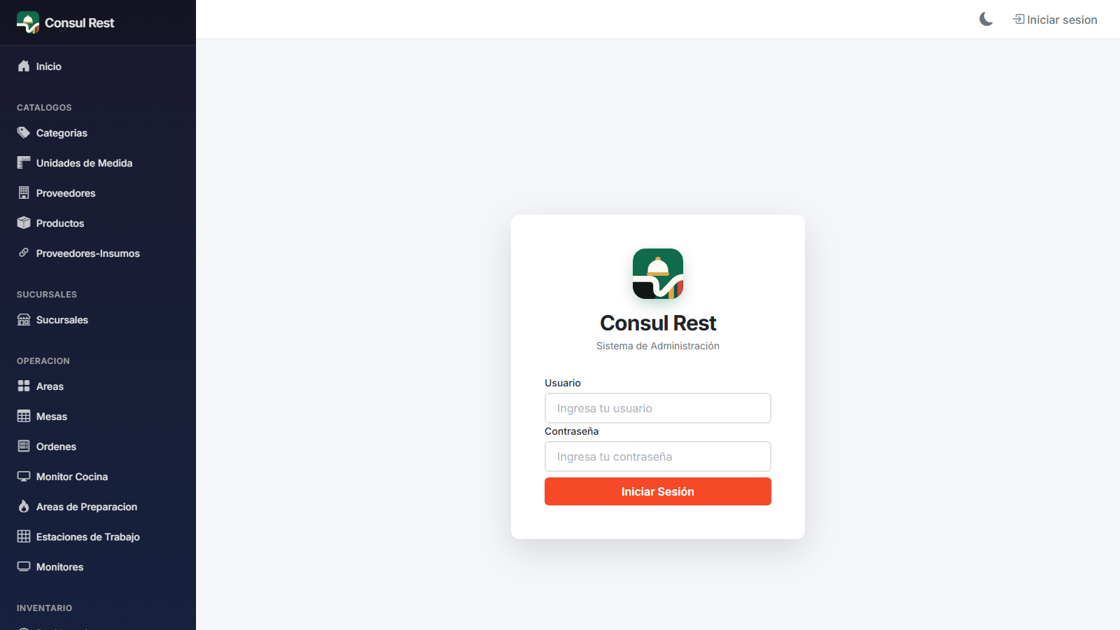 Pantalla de inicio de sesión de Consul Rest