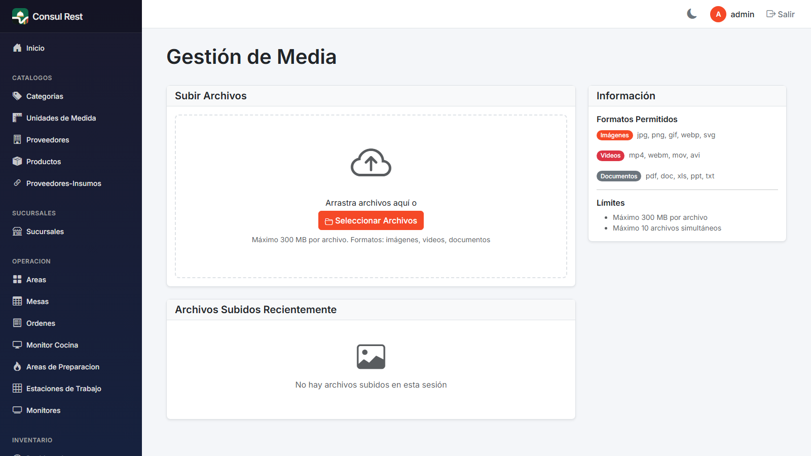 Gestor de media con zona de carga y archivos recientes