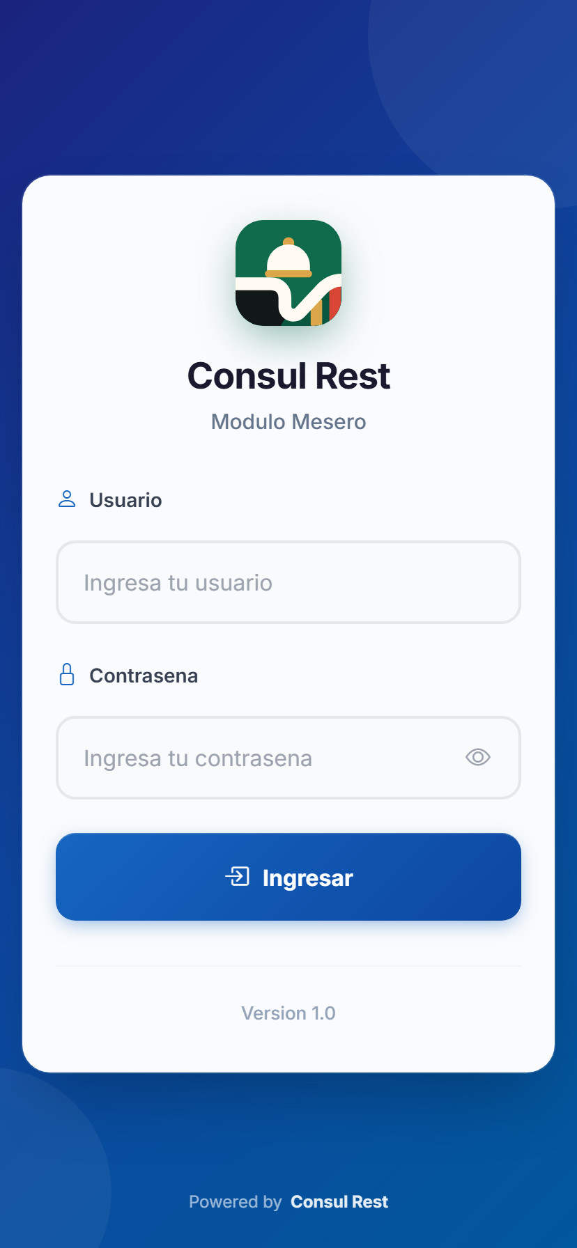 Pantalla de inicio de sesión del módulo mesero